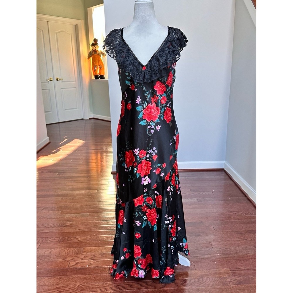 NWT Free People Warm Hearts Open Back Lace Trim Midi Dress‎ Black Floral Rose - Picture 9 of 12